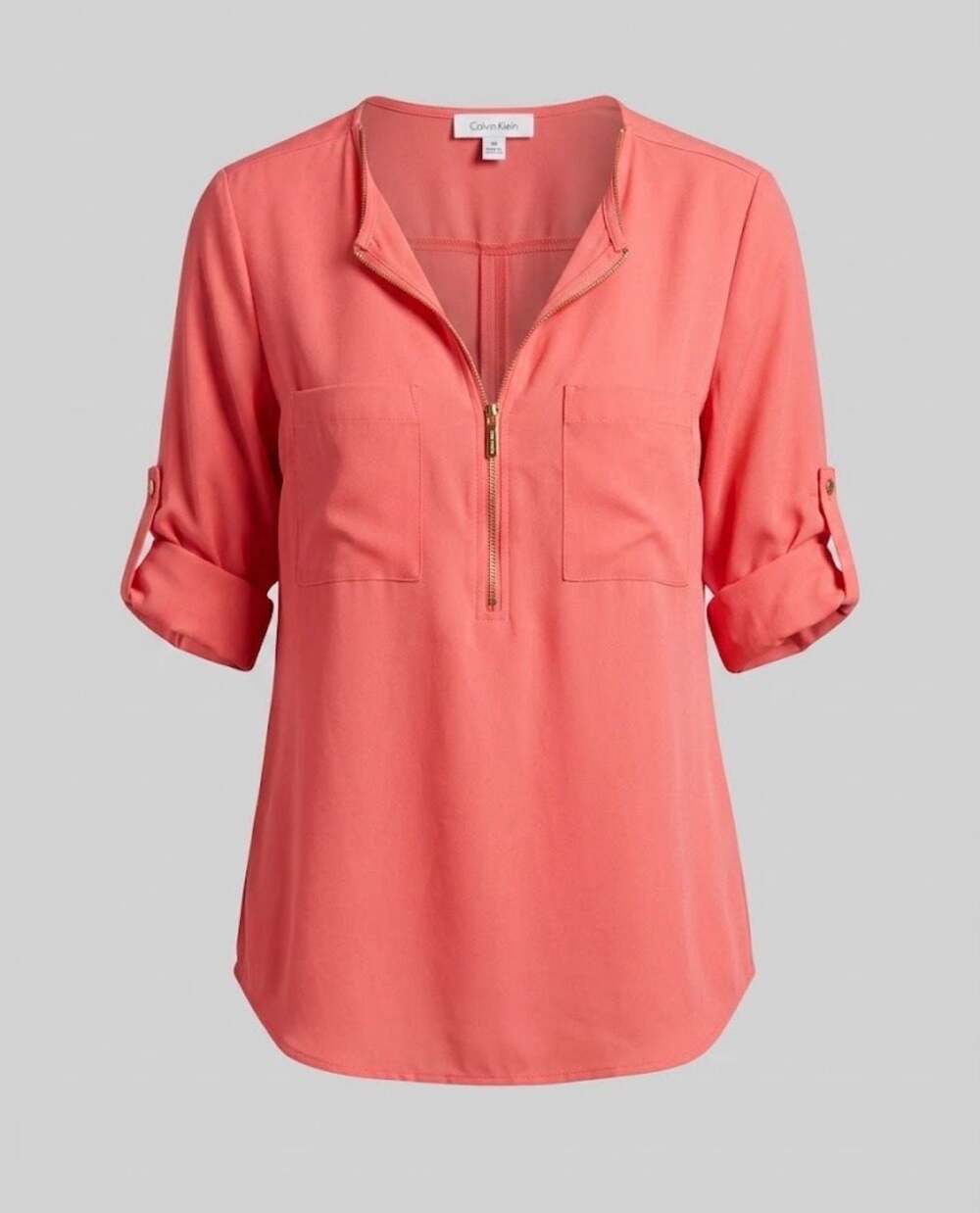 Calvin Klein Coral 3/4 Tab Sleeve Zip-Front Blouse Size Medium